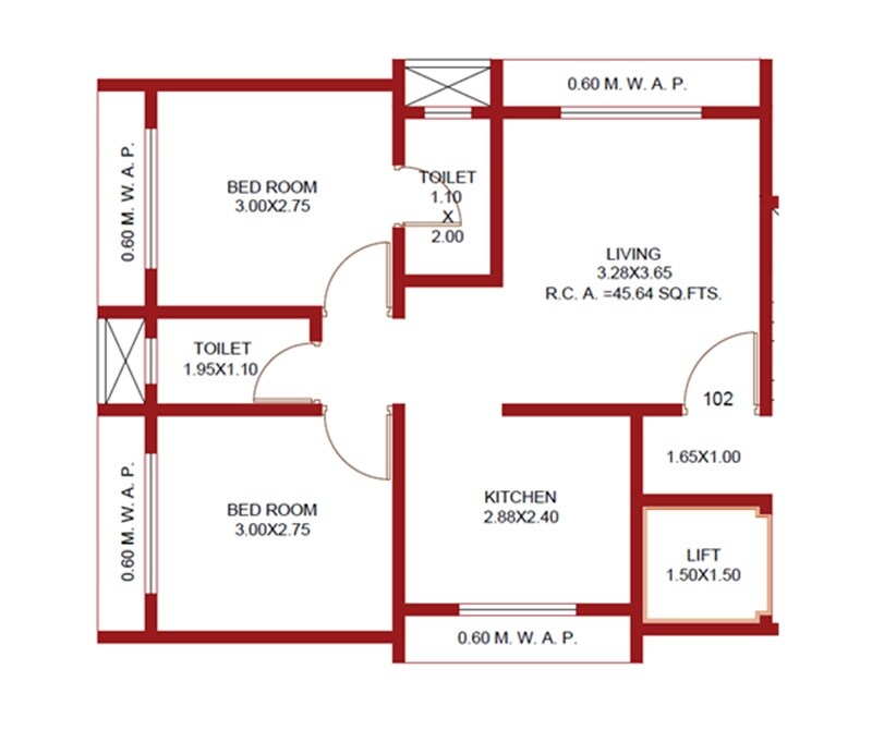 Floor plan of 2 BHK 491 Sq. Ft. Apartment in Parth Vrindavan, Palghar