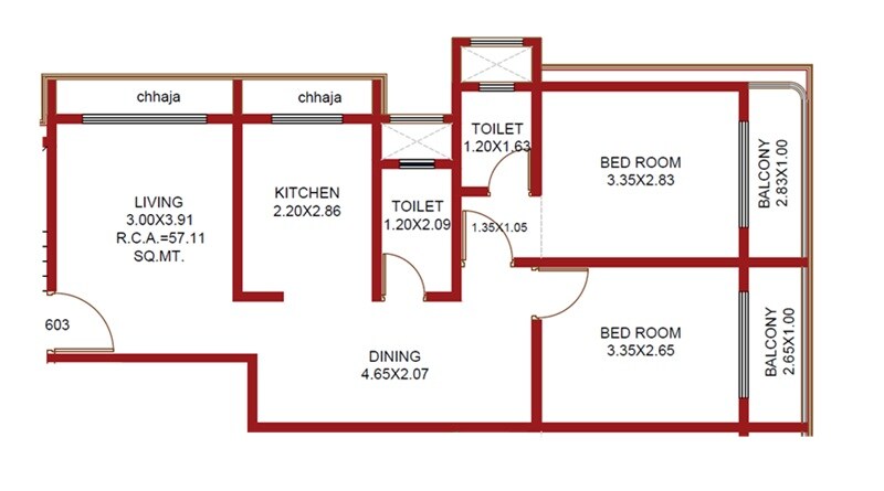 Floor plan of 2 BHK 615 Sq. Ft. Apartment in Parth Vrindavan, Palghar