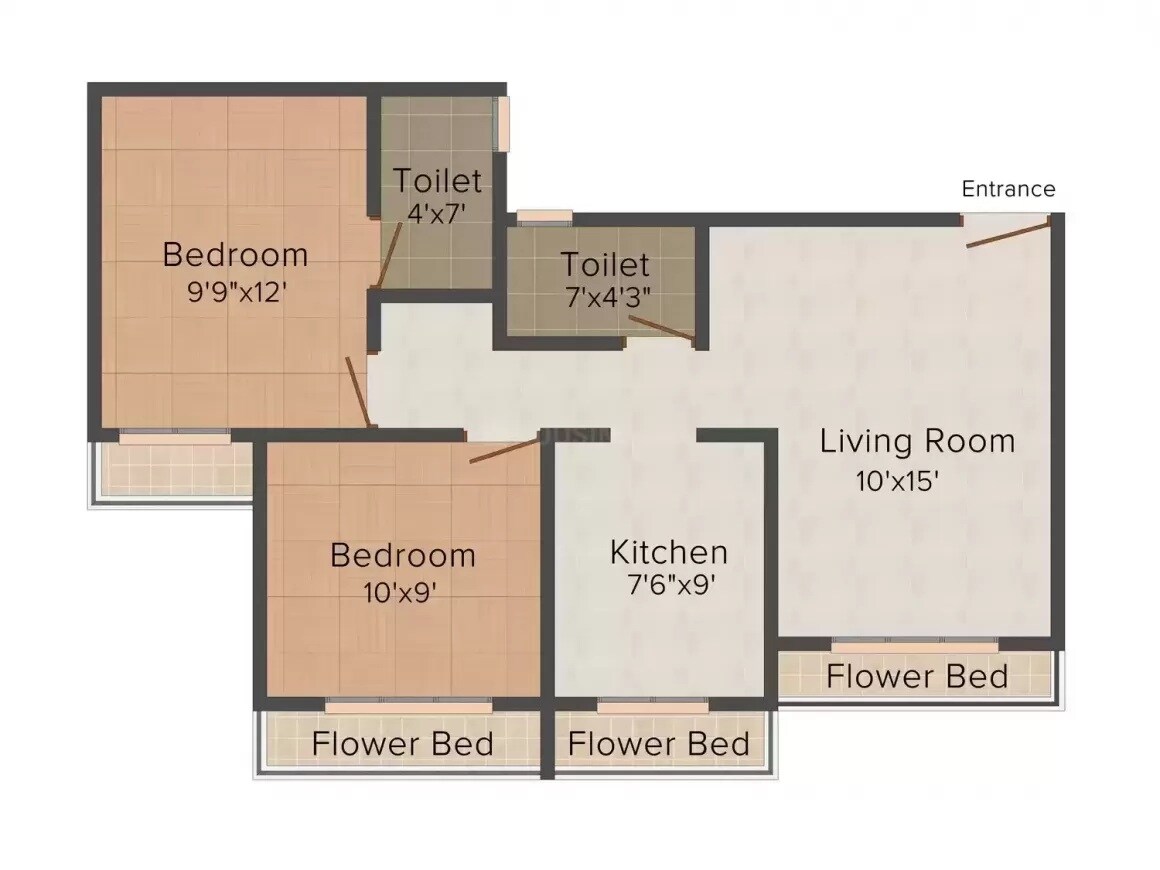 Floor plan of 2 BHK 890 Sq. Ft. Apartment in Patil Vastu Residency, Palghar