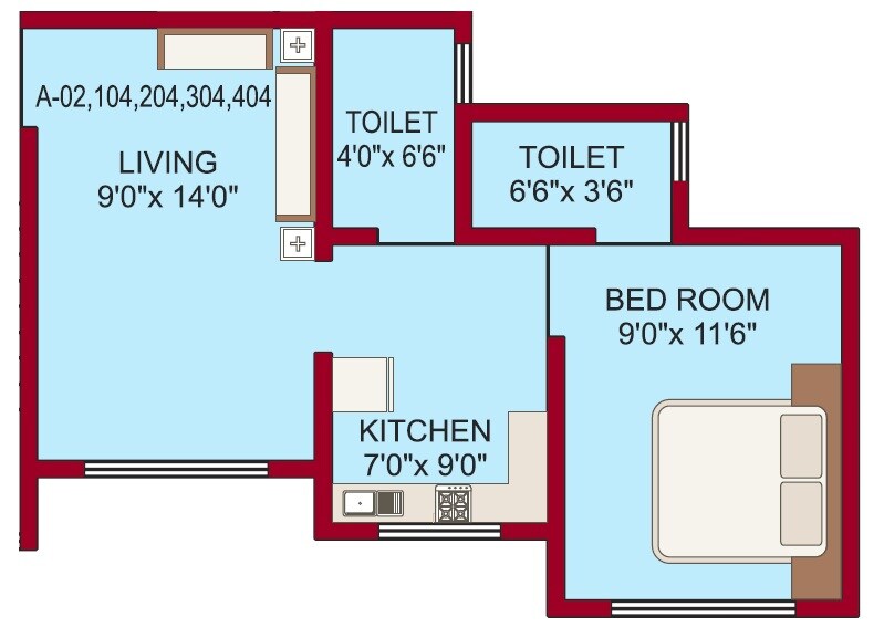 Floor plan of 1 BHK 308 Sq. Ft. Apartment in Patil Vrindavan Complex, Palghar