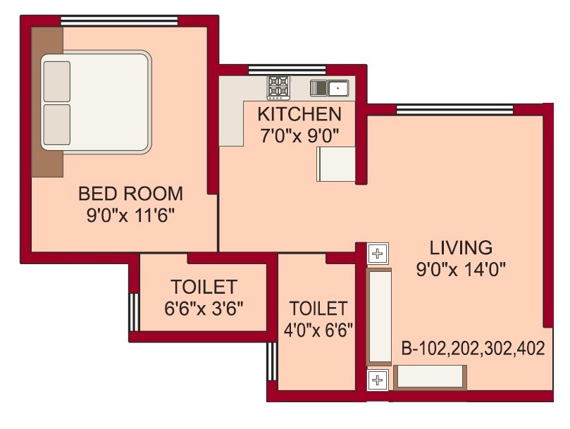 Floor plan of 1 BHK 410 Sq. Ft. Apartment in Patil Vrindavan Complex, Palghar