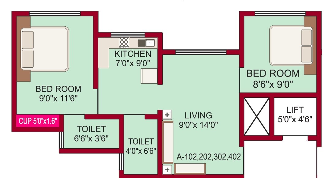 Floor plan of 2 BHK 428 Sq. Ft. Apartment in Patil Vrindavan Complex, Palghar