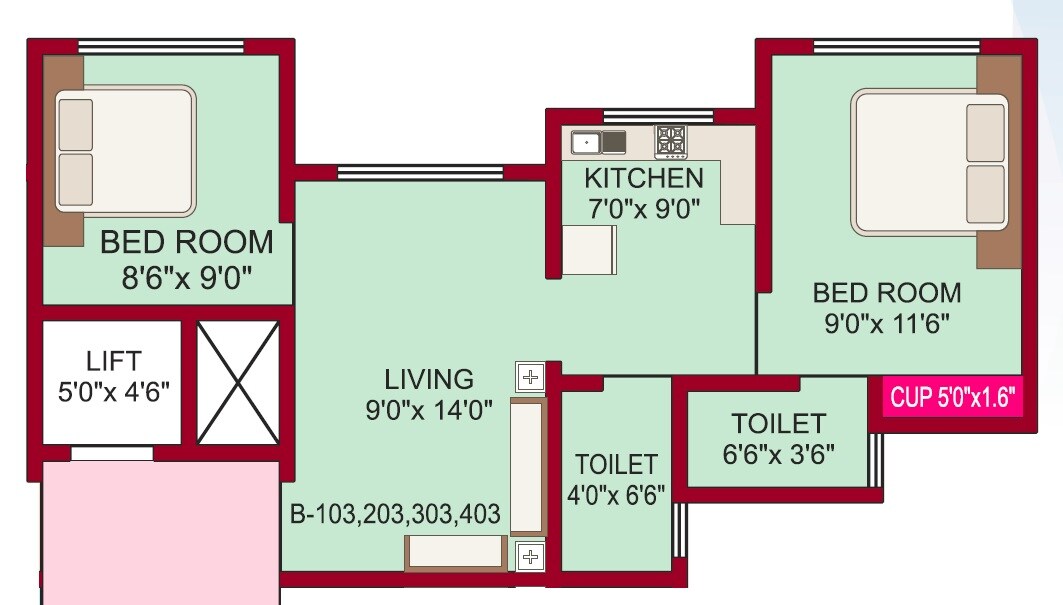 Floor plan of 2 BHK 487 Sq. Ft. Apartment in Patil Vrindavan Complex, Palghar