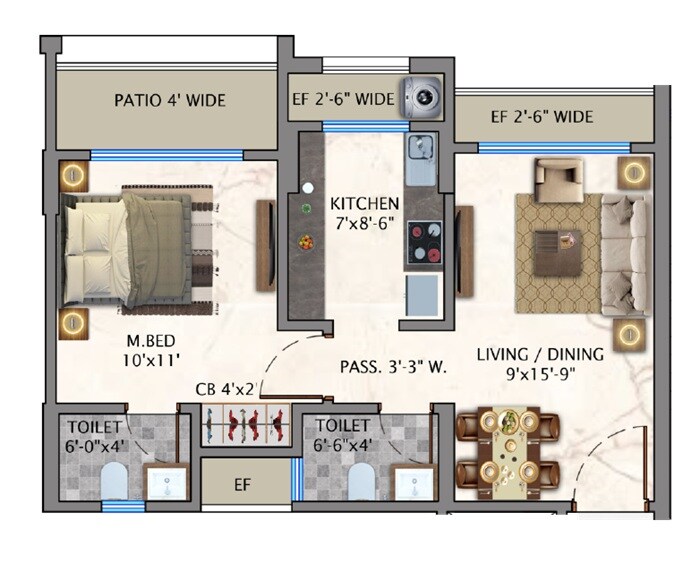 Floor plan of 1 BHK 517 Sq. Ft. Apartment in Pearl Flora, Palghar