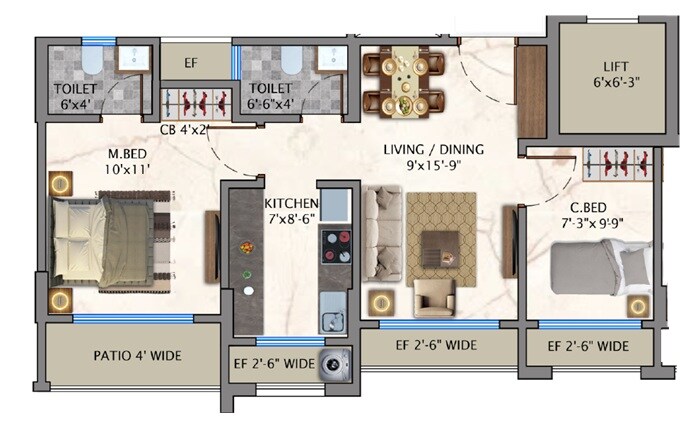 Floor plan of 2 BHK 620 Sq. Ft. Apartment in Pearl Flora, Palghar