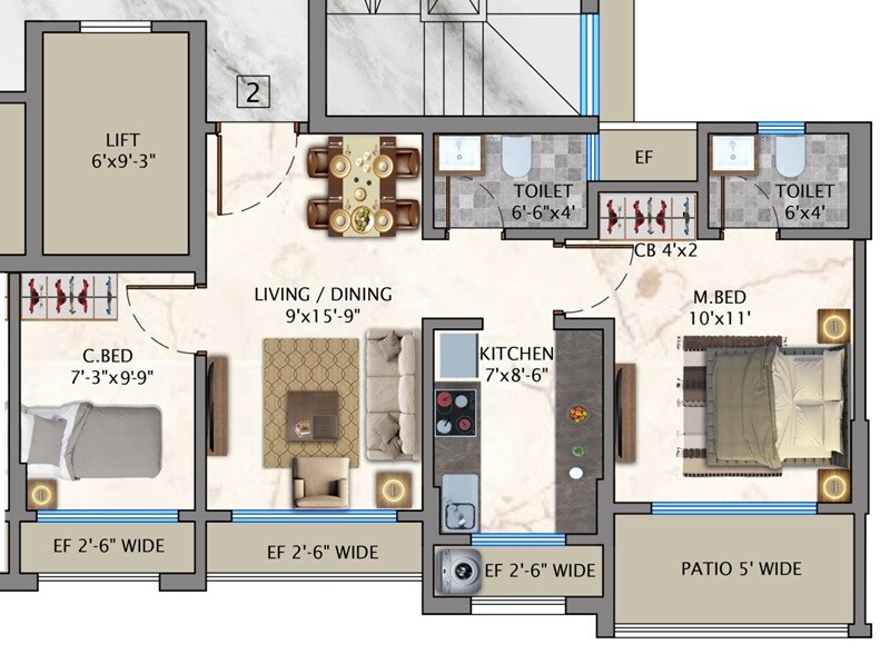 Floor plan of 2 BHK 630 Sq. Ft. Apartment in Pearl Flora, Palghar