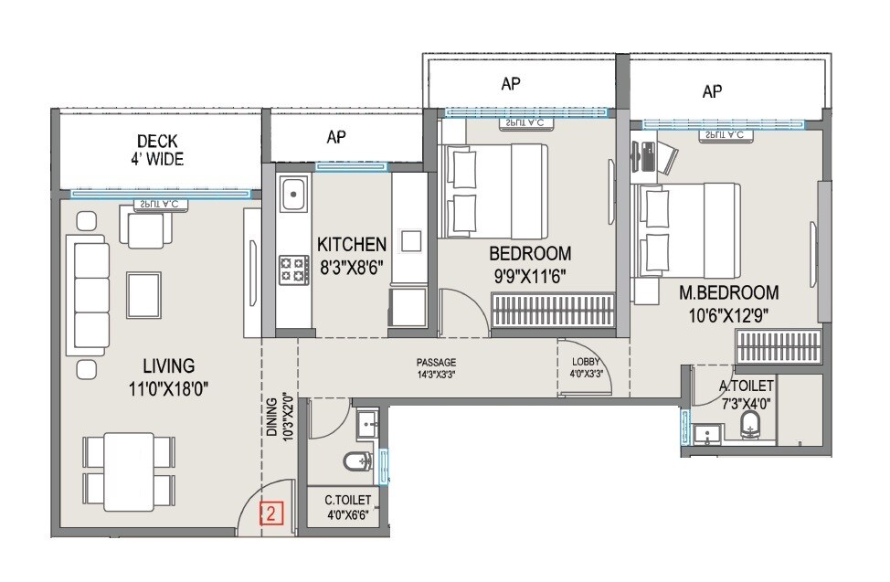 Floor plan of 2 BHK 704 Sq. Ft. Apartment in Platinum Aura, Palghar