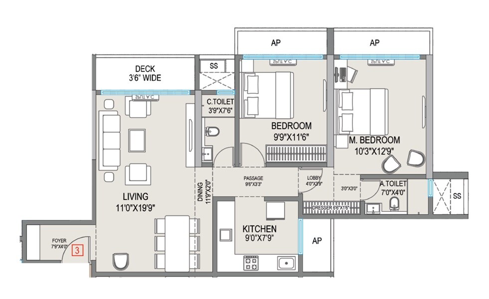Floor plan of 2 BHK 765 Sq. Ft. Apartment in Platinum Aura, Palghar