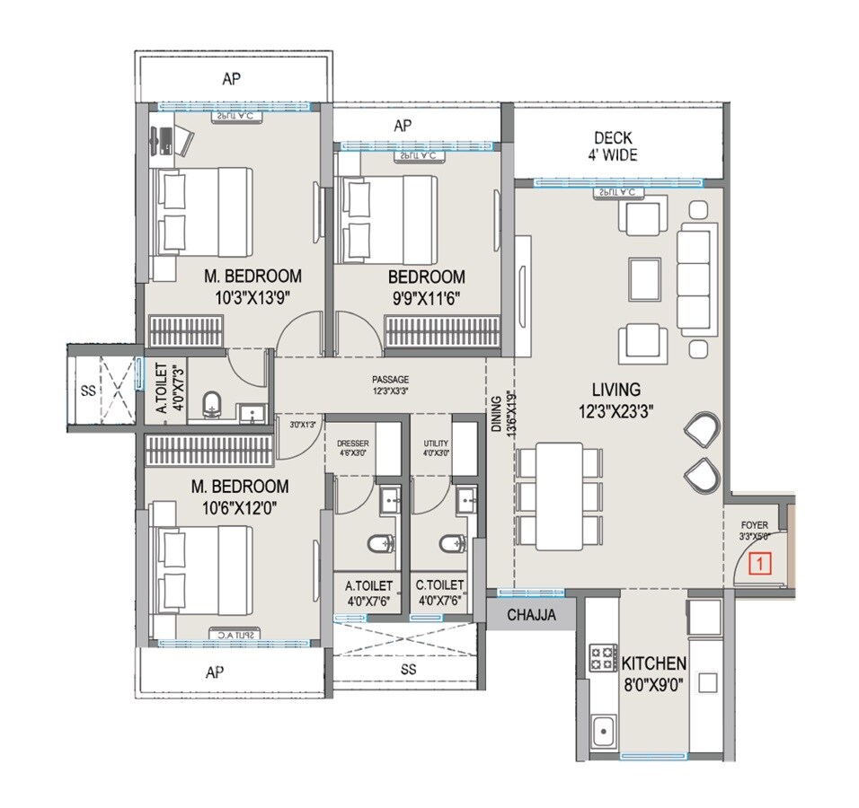 Floor plan of 3 BHK 939 Sq. Ft. Apartment in Platinum Aura, Palghar