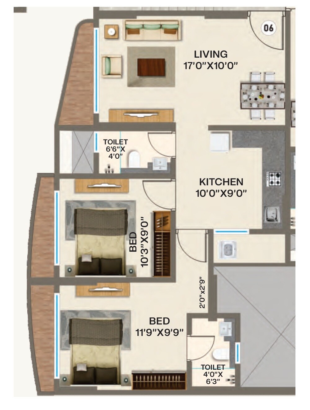 Floor plan of 2 BHK 573 Sq. Ft. Apartment in Platinum The Woods Legacy Avenue, Palghar