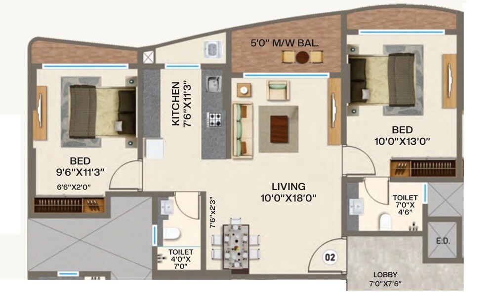 Floor plan of 2 BHK 622 Sq. Ft. Apartment in Platinum The Woods Legacy Avenue, Palghar