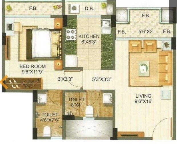 Floor plan of 1 BHK 503 Sq. Ft. Apartment in Poonam Avenue, Palghar