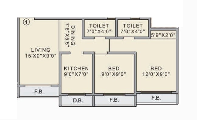 Floor plan of 2 BHK 530 Sq. Ft. Apartment in Poonam Heights Virar, Palghar