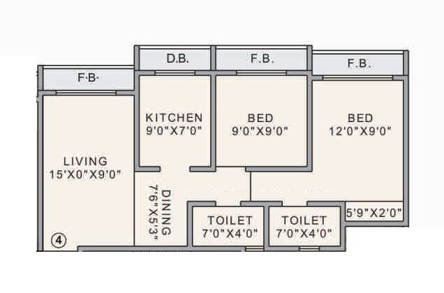 Floor plan of 2 BHK 555 Sq. Ft. Apartment in Poonam Heights Virar, Palghar