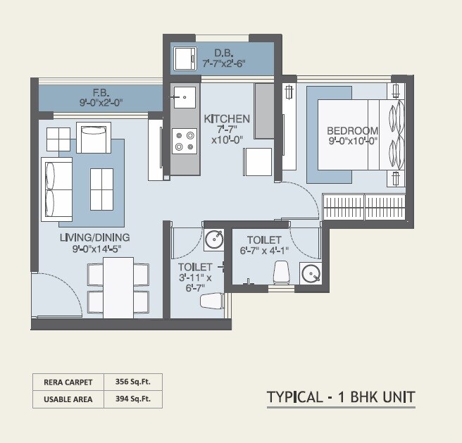 Floor plan of 1 BHK 356 Sq. Ft. Apartment in Poonam Imperia, Palghar