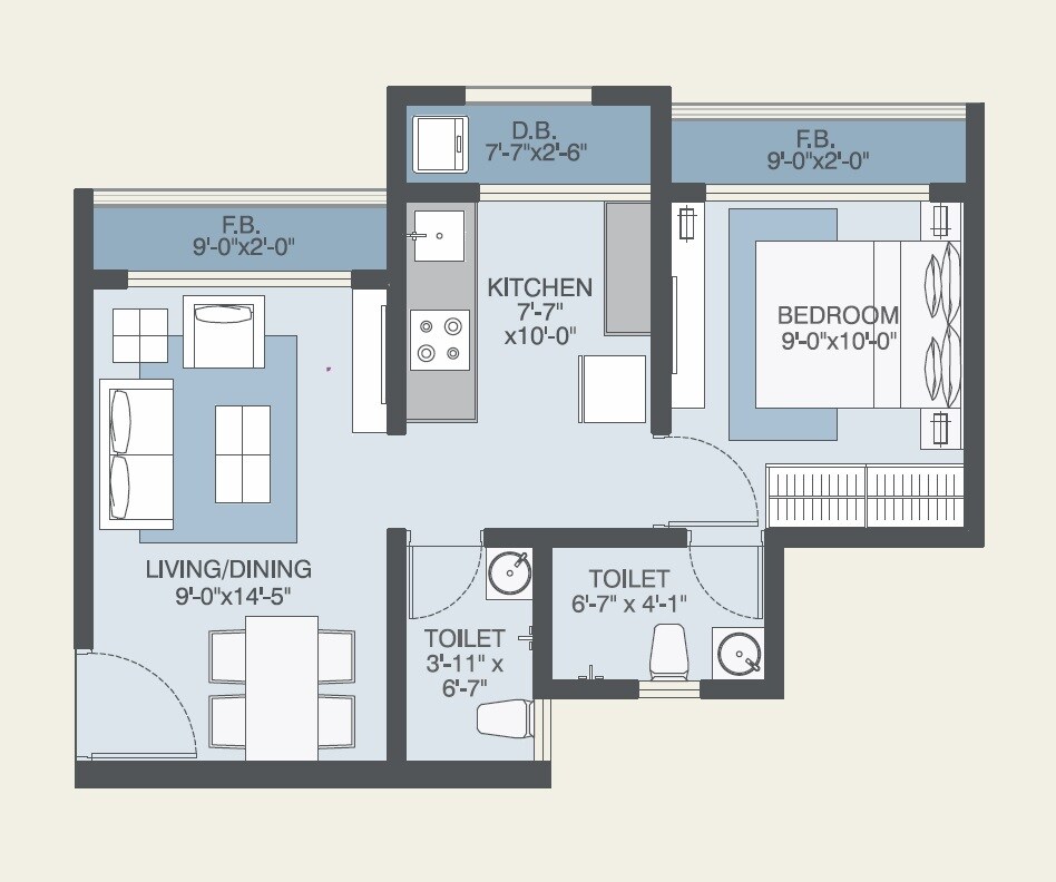 Floor plan of 1 BHK 373 Sq. Ft. Apartment in Poonam Imperia, Palghar