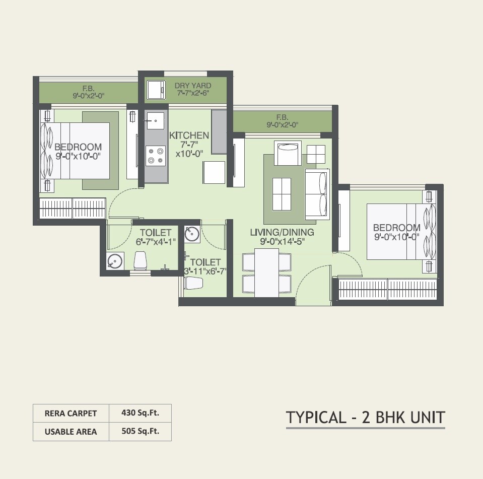 Floor plan of 2 BHK 430 Sq. Ft. Apartment in Poonam Imperia, Palghar