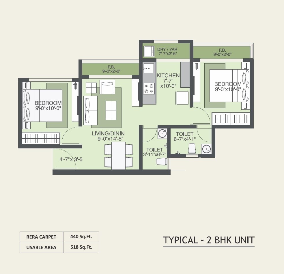 Floor plan of 2 BHK 440 Sq. Ft. Apartment in Poonam Imperia, Palghar