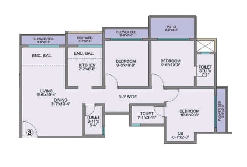 Floor plan of 3 BHK 734 Sq. Ft. Apartment in Poonam Park View, Palghar