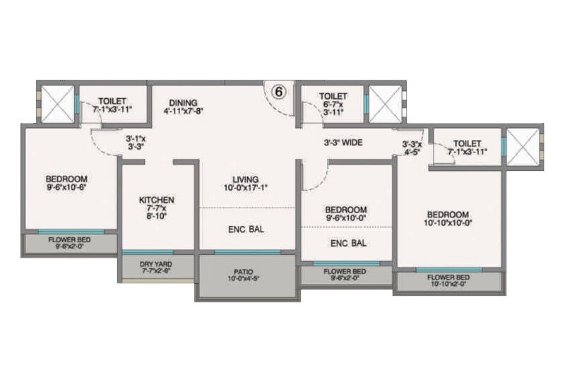 Floor plan of 3 BHK 809 Sq. Ft. Apartment in Poonam Park View, Palghar