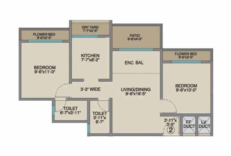 Floor plan of 2 BHK 646 Sq. Ft. Apartment in Poonam Park View Phase II, Palghar