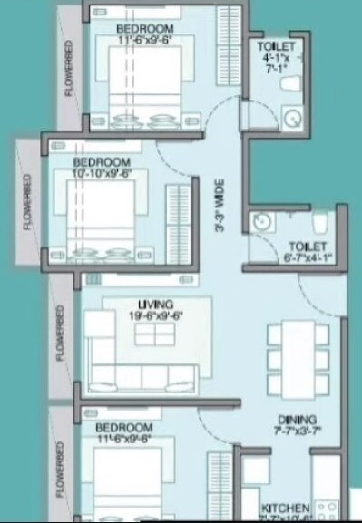 Floor plan of 3 BHK 738 Sq. Ft. Apartment in Poonam Vista, Palghar