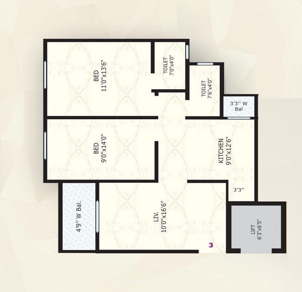 Floor plan of 2 BHK 654 Sq. Ft. Apartment in Pratik Anupam Tower, Palghar