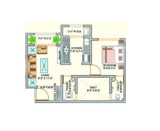 Floor plan of 1 BHK 308 Sq. Ft. Apartment in Prithvi Regency, Palghar