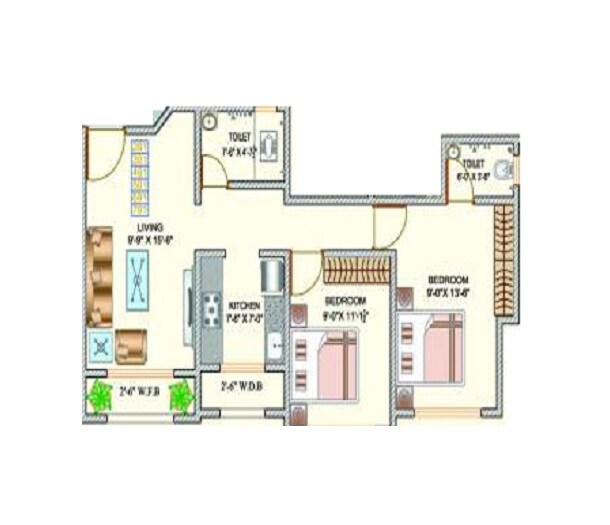 Floor plan of 2 BHK 486 Sq. Ft. Apartment in Prithvi Regency, Palghar