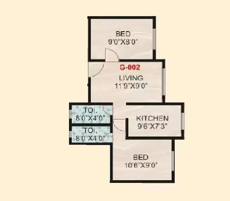 Floor plan of 2 BHK 449 Sq. Ft. Apartment in Prithvi Sai Yash Complex, Palghar