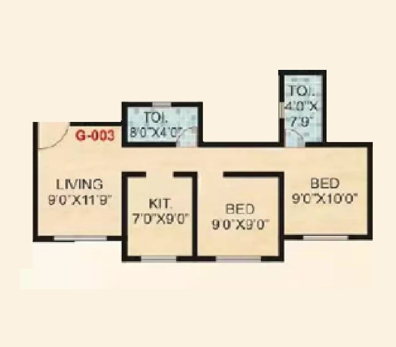 Floor plan of 2 BHK 495 Sq. Ft. Apartment in Prithvi Sai Yash Complex, Palghar