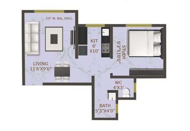 Floor plan of 1 BHK 346 Sq. Ft. Apartment in Raajlaxmi Tower, Palghar