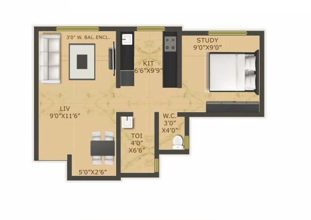Floor plan of 1 BHK 362 Sq. Ft. Apartment in Raajlaxmi Tower, Palghar
