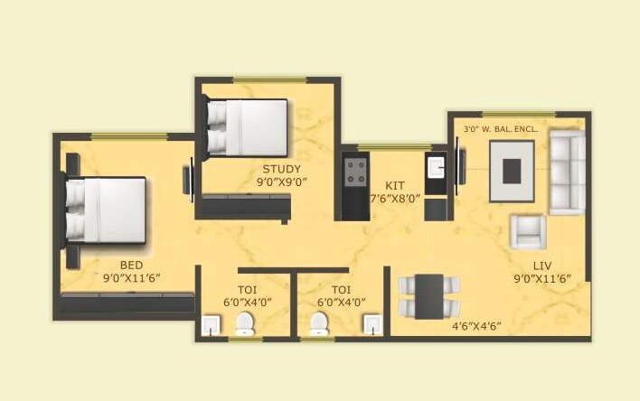 Floor plan of 2 BHK 500 Sq. Ft. Apartment in Raajlaxmi Tower, Palghar