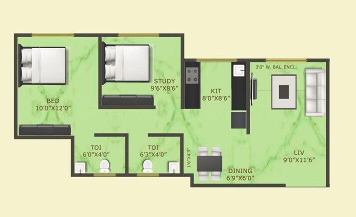 Floor plan of 2 BHK 554 Sq. Ft. Apartment in Raajlaxmi Tower, Palghar