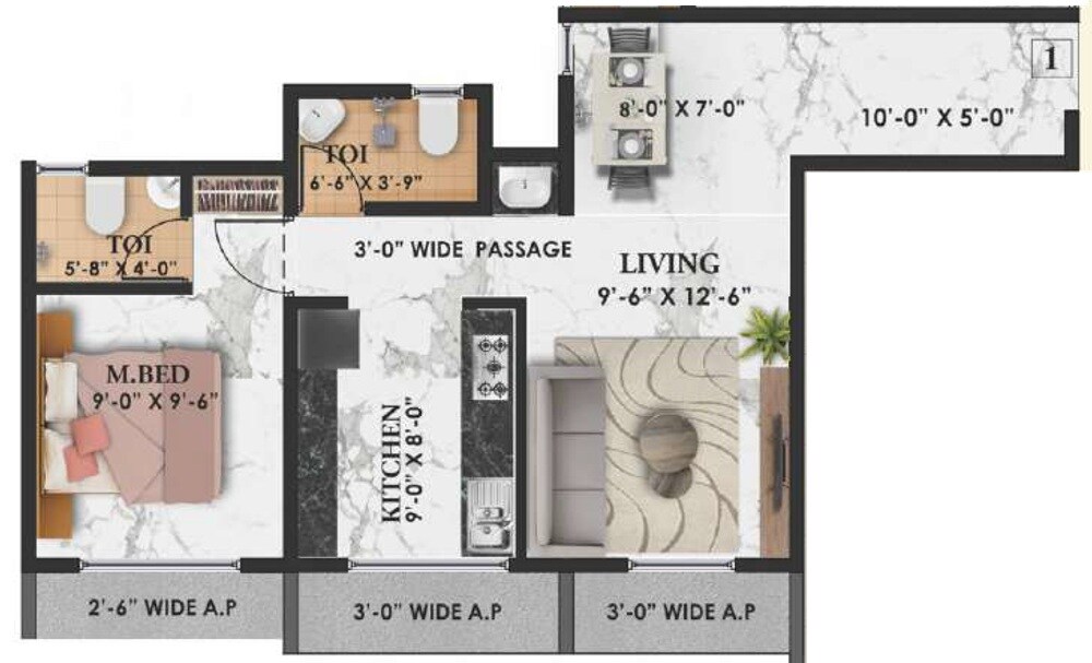 Floor plan of 1 BHK 490 Sq. Ft. Apartment in Radha Krishna Towers Vasai, Palghar