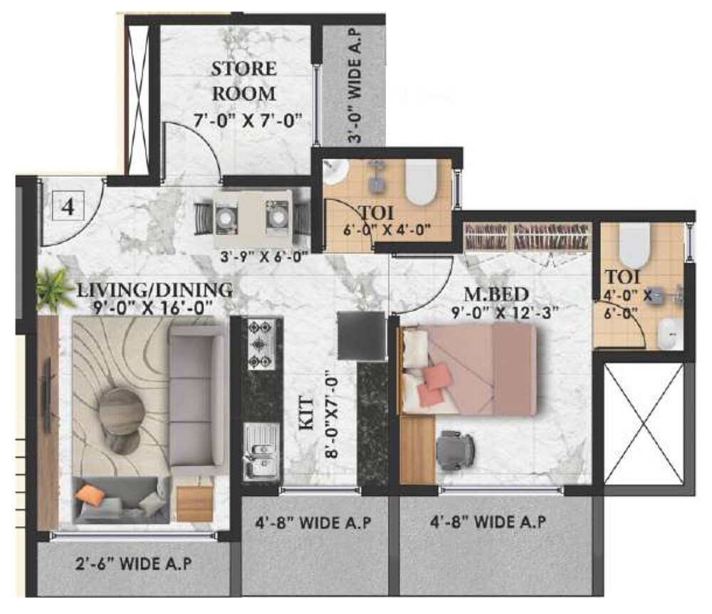 Floor plan of 1 BHK 507 Sq. Ft. Apartment in Radha Krishna Towers Vasai, Palghar