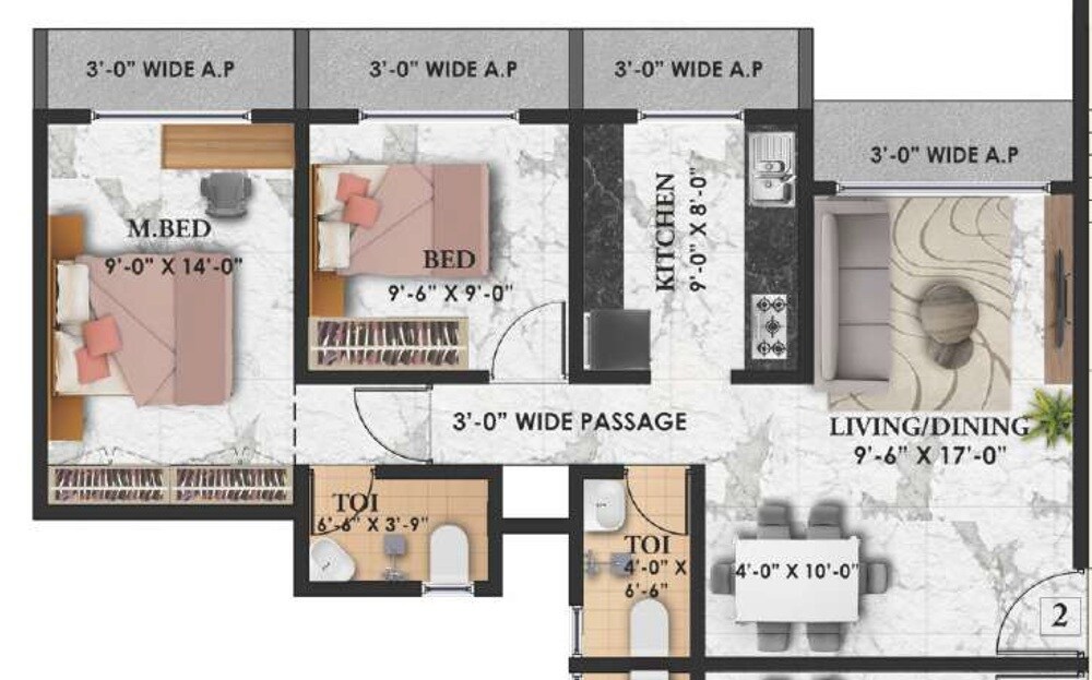 Floor plan of 2 BHK 519 Sq. Ft. Apartment in Radha Krishna Towers Vasai, Palghar