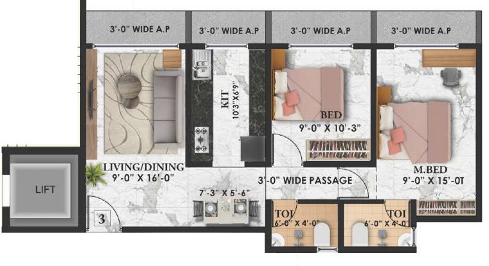 Floor plan of 2 BHK 538 Sq. Ft. Apartment in Radha Krishna Towers Vasai, Palghar