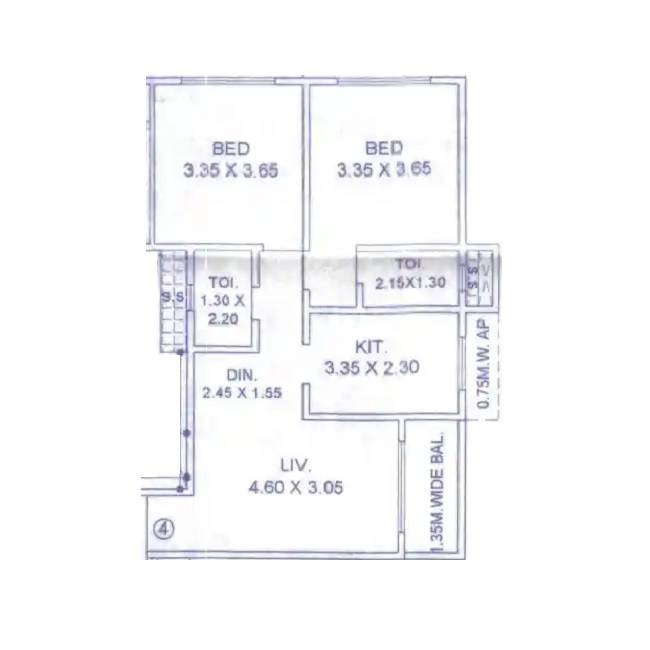 Floor plan of 2 BHK 738 Sq. Ft. Apartment in Raj Yashwant Circle, Palghar