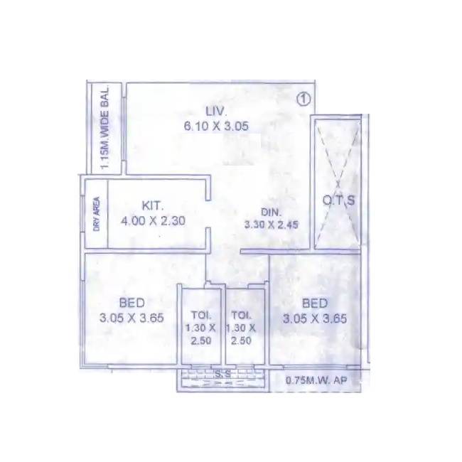 Floor plan of 2 BHK 807 Sq. Ft. Apartment in Raj Yashwant Circle, Palghar
