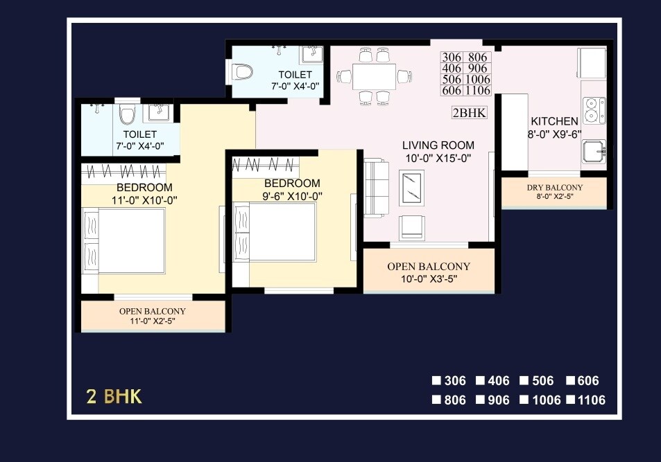 Floor plan of 2 BHK 703 Sq. Ft. Apartment in Rajesh Mahavir Kalp, Palghar