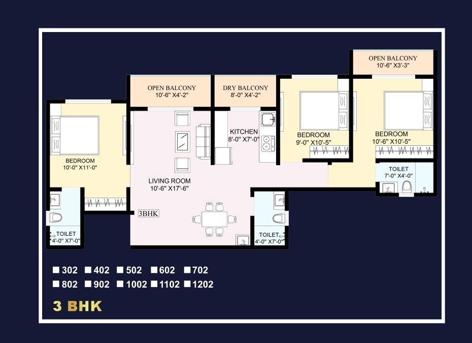 Floor plan of 3 BHK 828 Sq. Ft. Apartment in Rajesh Mahavir Kalp, Palghar