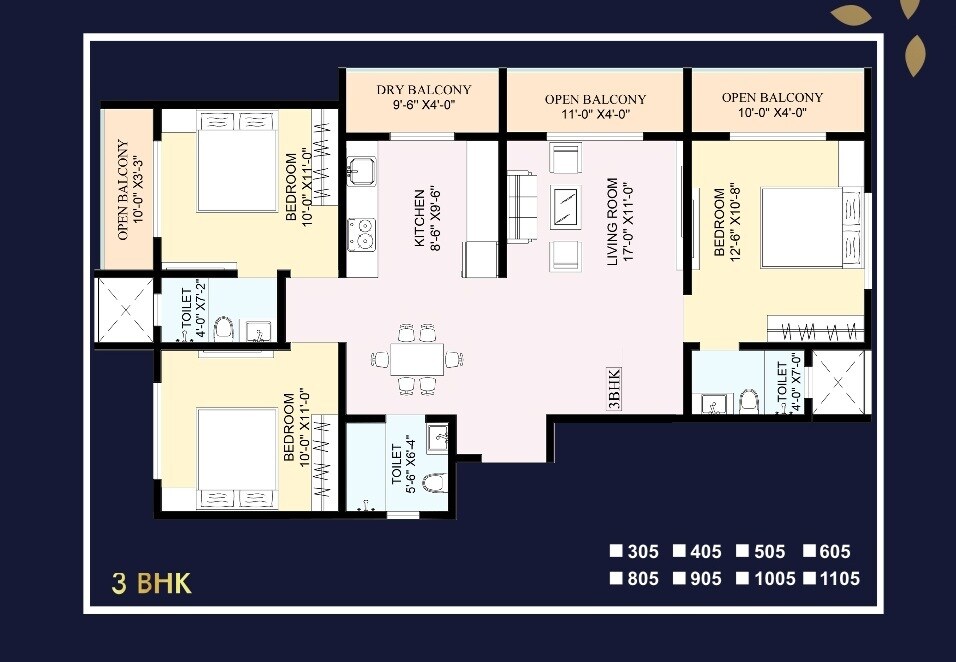 Floor plan of 3 BHK 874 Sq. Ft. Apartment in Rajesh Mahavir Kalp, Palghar
