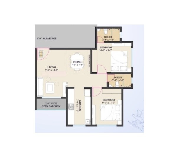 Floor plan of 2 BHK 566 Sq. Ft. Apartment in Rajesh Mahavir Vihar, Palghar