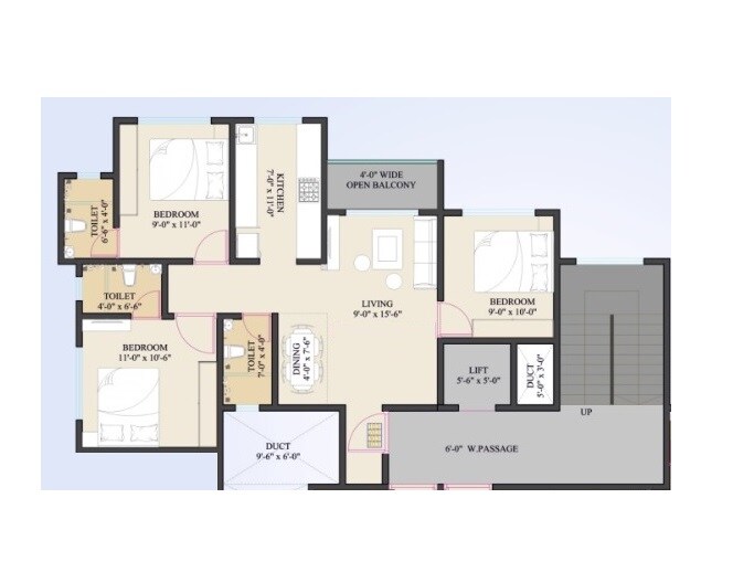 Floor plan of 3 BHK 732 Sq. Ft. Apartment in Rajesh Mahavir Vihar, Palghar