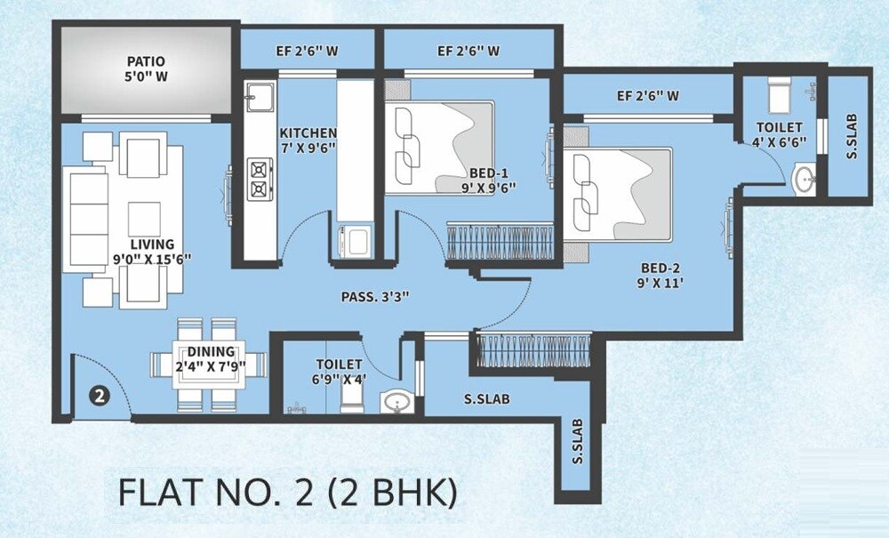 Floor plan of 2 BHK 513 Sq. Ft. Apartment in Rajhans Kshitij, Palghar