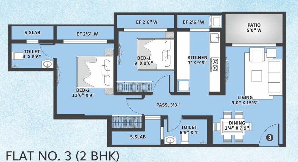 Floor plan of 2 BHK 595 Sq. Ft. Apartment in Rajhans Kshitij, Palghar