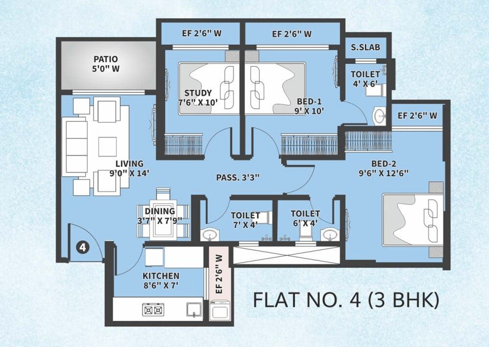 Floor plan of 3 BHK 621 Sq. Ft. Apartment in Rajhans Kshitij, Palghar