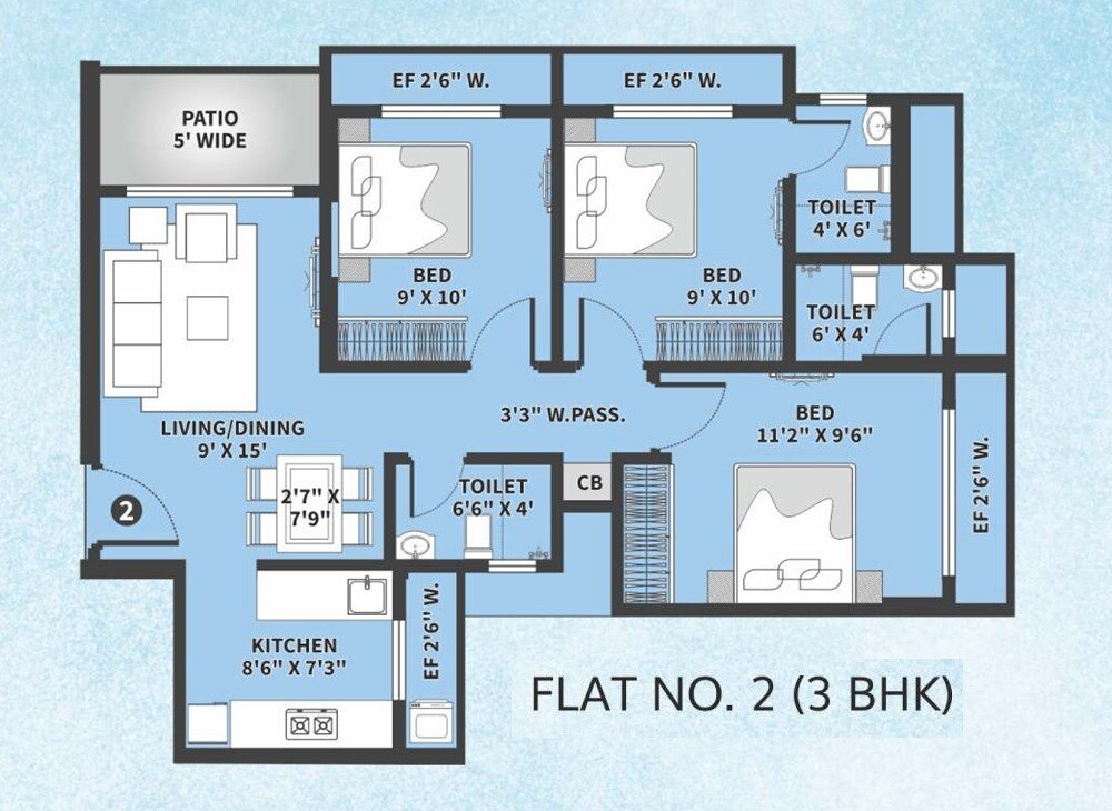 Floor plan of 3 BHK 663 Sq. Ft. Apartment in Rajhans Kshitij, Palghar